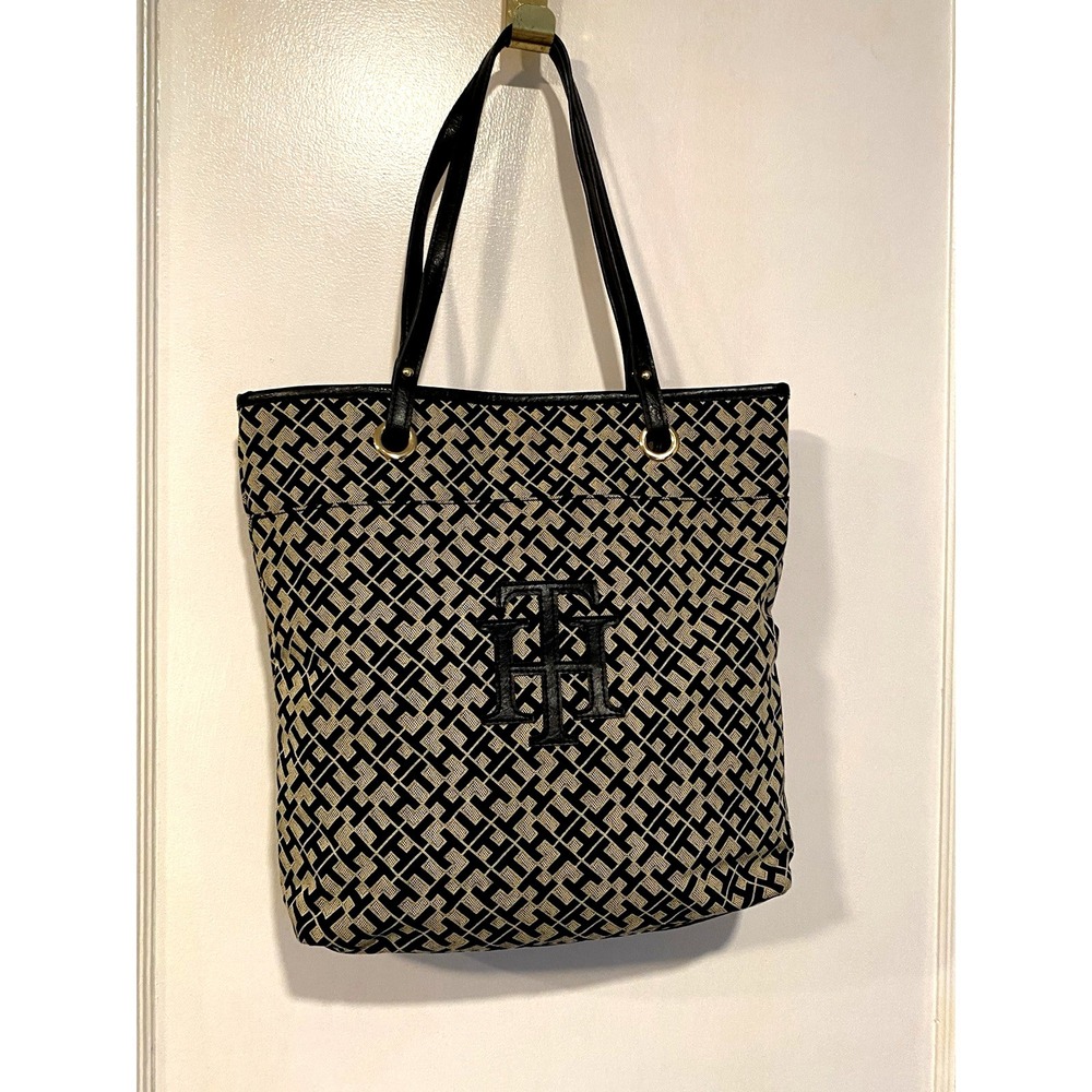 Tommy Hilfiger Monogram Jacquard Tote Black & Beige TH Logo Canvas Shopper 12x14